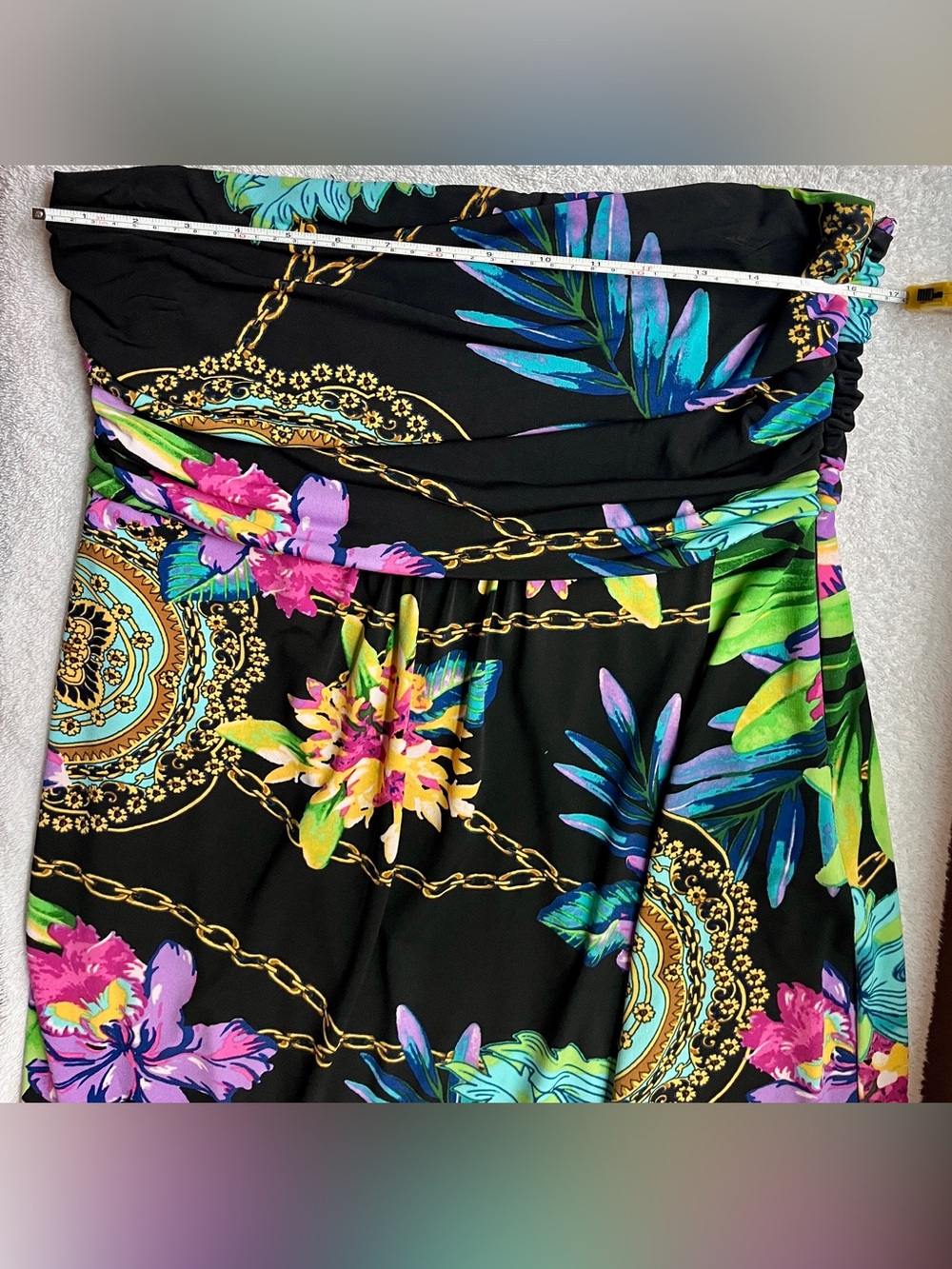 Jennifer Lopez SEXY Black Strapless Tropical Print Dress chain pattern L - Picture 9 of 11